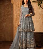 Grey zari embroidery and dimoand net anarkali palazzo - full stitched