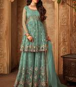 Sea green zari embroidery and dimoand net anarkali palazzo - full stitched