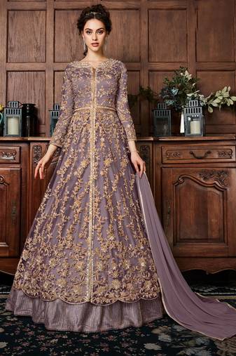 Mauve zari embroidery and dimoand net anarkali pant - full stitched