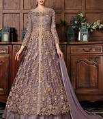 Mauve zari embroidery and dimoand net anarkali pant - full stitched