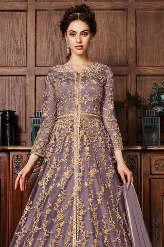 Mauve zari embroidery and dimoand net anarkali pant - full stitched