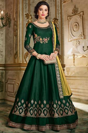Green zari embroidery and dimoand banglori silk anarkali churidar - full stitched