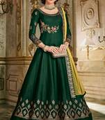 Green zari embroidery and dimoand banglori silk anarkali churidar - full stitched
