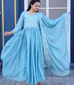 Gorgeous Flarred Sky Blue Heavy Chinon Anarkali With Sequence Thread Work