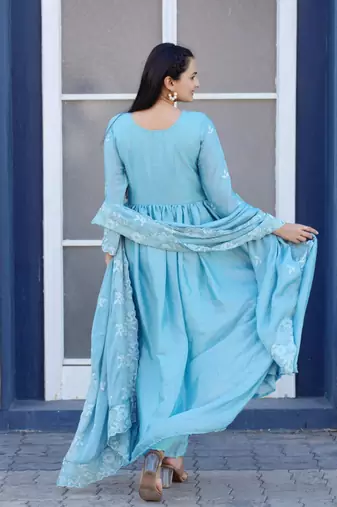  Flarred Sky Blue Heavy Chinon Anarkali With Sequence Thread Work
