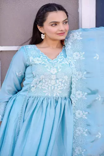  Flarred Sky Blue Heavy Chinon Anarkali With Sequence Thread Work