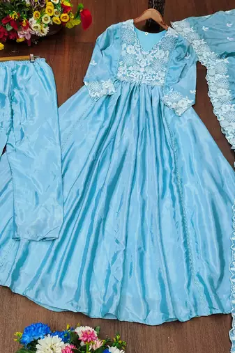  Flarred Sky Blue Heavy Chinon Anarkali With Sequence Thread Work