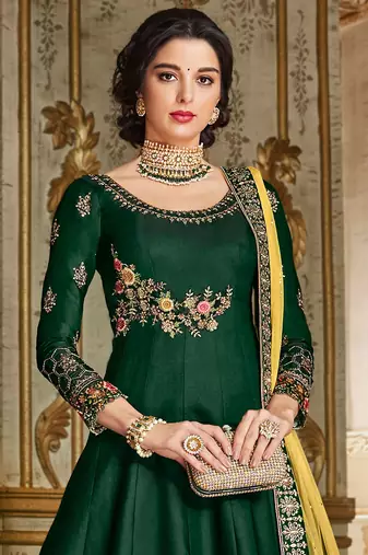 Green zari embroidery and dimoand banglori silk anarkali churidar - full stitched