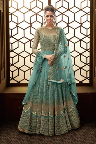Blue zari embroidery and dimoand net anarkali churidar - full stitched