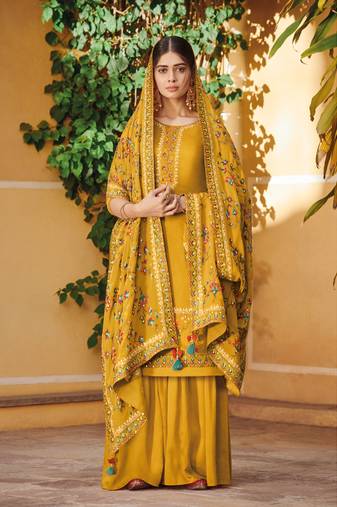 Mustard zari embroidery and dimoand ora silk straight palazzo - full stitched