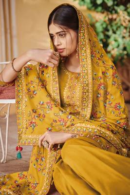 Mustard zari embroidery and dimoand ora silk straight palazzo - full stitched 2