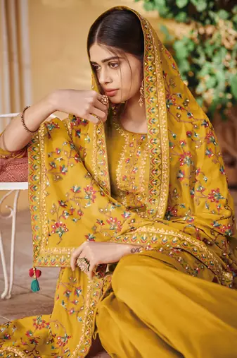 Mustard zari embroidery and dimoand ora silk straight palazzo - full stitched