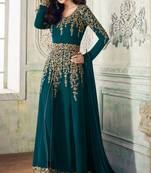 Teal blue zari embroidery and dimoand georgette anarkali churidar - full stitched