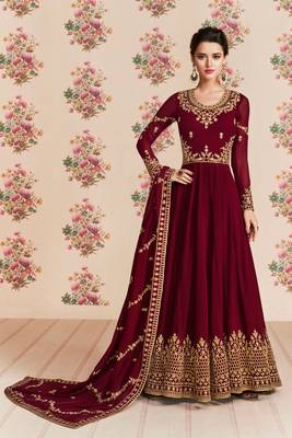 Maroon zari embroidery and dimoand georgette anarkali churidar - full stitched 1