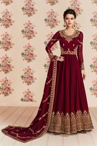 Maroon zari embroidery and dimoand georgette anarkali churidar - full stitched
