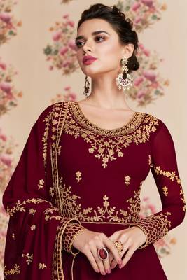Maroon zari embroidery and dimoand georgette anarkali churidar - full stitched 2