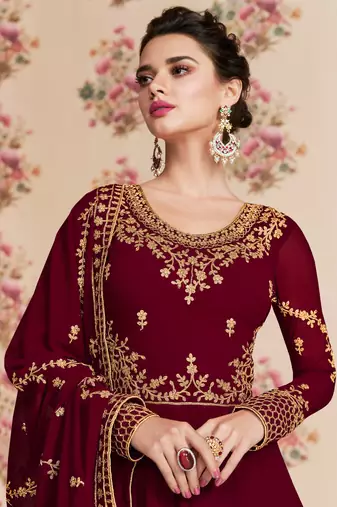 Maroon zari embroidery and dimoand georgette anarkali churidar - full stitched