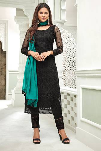 Black zari embroidery and dimoand net straight pant - full stitched