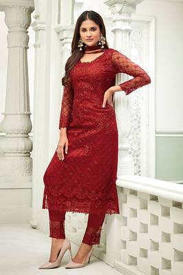 Red zari embroidery and dimoand net straight pant - full stitched 1