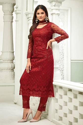 Red zari embroidery and dimoand net straight pant - full stitched