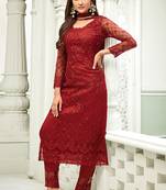Red zari embroidery and dimoand net straight pant - full stitched
