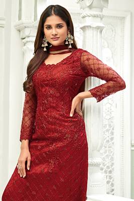 Red zari embroidery and dimoand net straight pant - full stitched 2