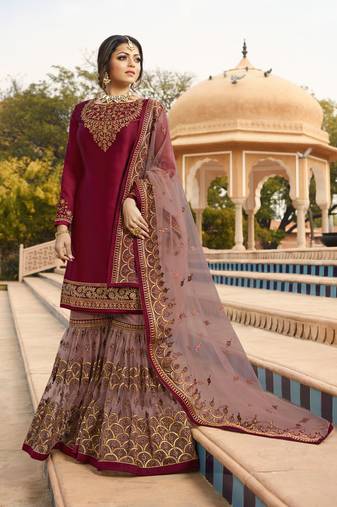 Wine zari embroidery and dimoand satin georgette straight sharara - full stitched
