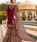 Wine zari embroidery and dimoand satin georgette straight sharara - full stitched