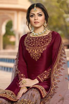 Wine zari embroidery and dimoand satin georgette straight sharara - full stitched 2