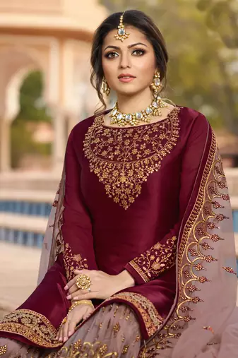 Wine zari embroidery and dimoand satin georgette straight sharara - full stitched