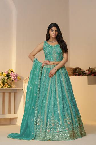 Pretty Sky blue intricate paisley Motifs traditional embroidered  wedding Lehenga.