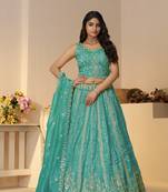 Pretty Sky blue intricate paisley Motifs traditional embroidered  wedding Lehenga.