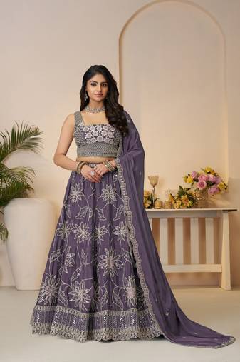 Celebrate in Color: Purple Zari sequins Work Bridal Lehenga for Haldi Ceremonies