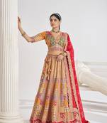 Mustard color Position print Jaal Patterned party wear lehengas with Sequin & Aari Work