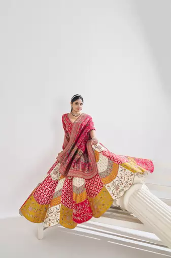 Multicolour Banarsi Mosaic scallop designer bridal lehnga