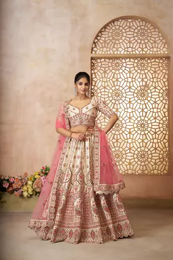 whimiscal white Imperial Patterned Embroidered Bridal Lehenga