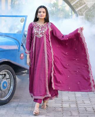 Flarred Wine Heavy Chinon Anarkali With Sequence Embroidery Work 1