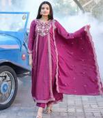 Flarred Wine Heavy Chinon Anarkali With Sequence Embroidery Work