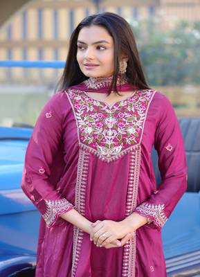 Flarred Wine Heavy Chinon Anarkali With Sequence Embroidery Work 4