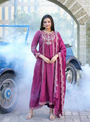 Flarred Wine Heavy Chinon Anarkali With Sequence Embroidery Work 5