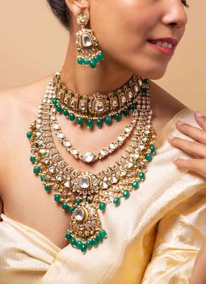 American diamond kundan necklace set with green bead accents 1