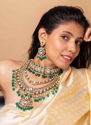 American diamond kundan necklace set with green bead accents 3
