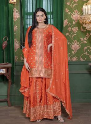 Heavy Chinon Suit With Sequence Embroidered Work 1