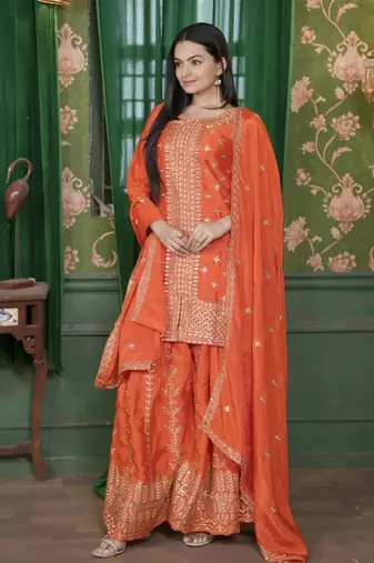 Heavy Chinon Suit With Sequence Embroidered Work