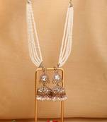 American diamond jhumkas with pearl ear chain and pink accents