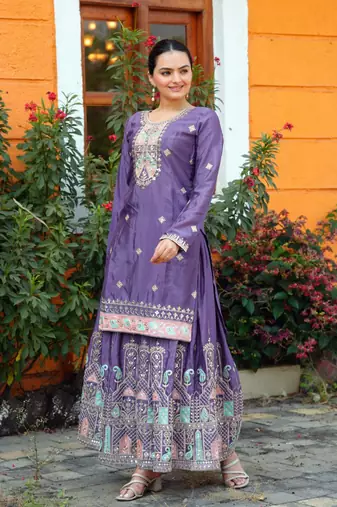Heavy Chinon Suit With Sequence Embroidered Work