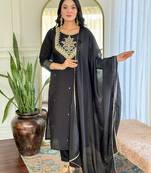 Women Rayon Slub Embroidered Kurta Pant and Dupatta Set