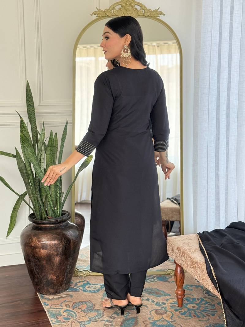 Women Rayon Slub Embroidered Kurta Pant and Dupatta Set