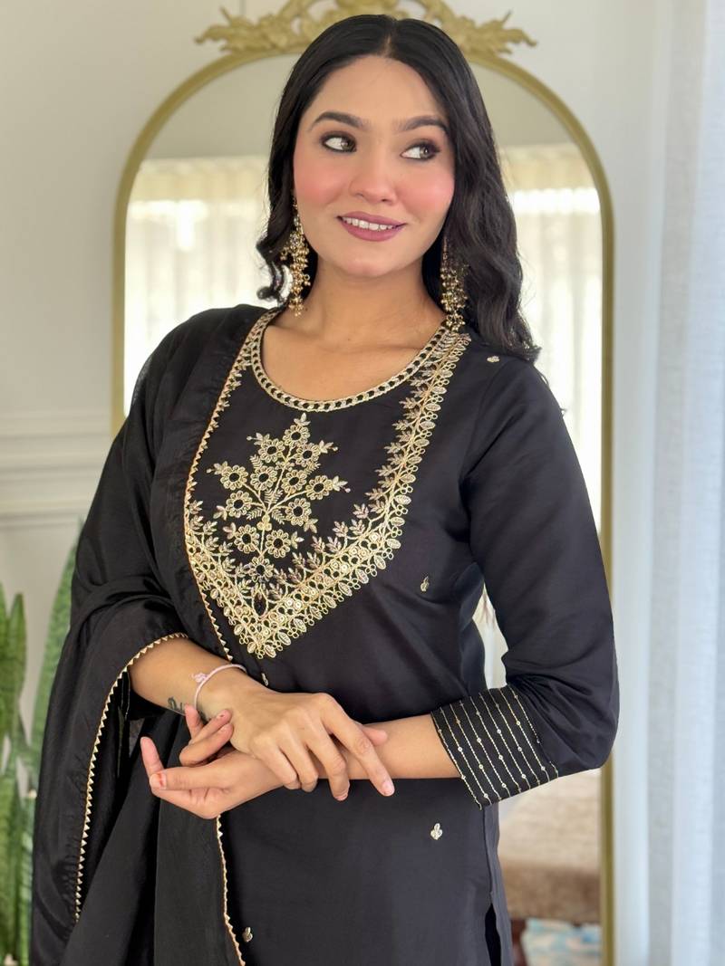 Women Rayon Slub Embroidered Kurta Pant and Dupatta Set