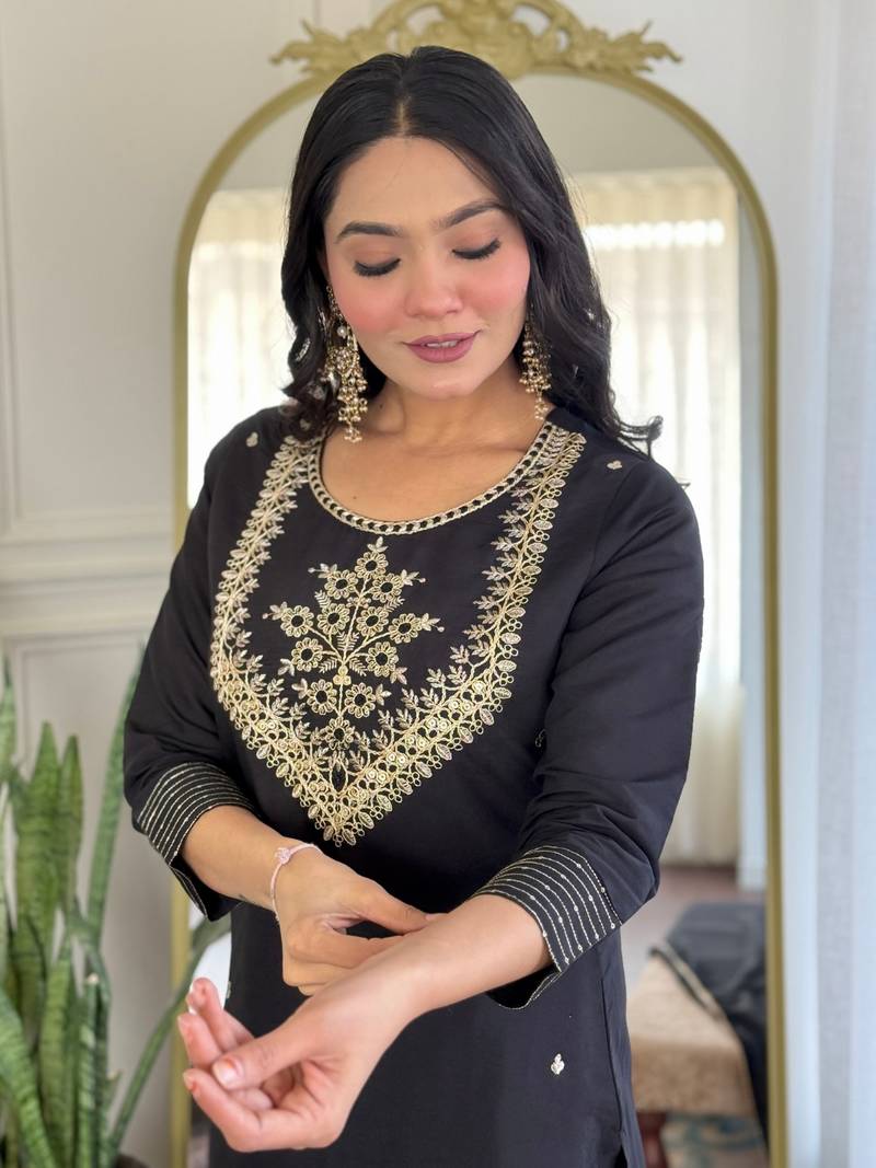 Women Rayon Slub Embroidered Kurta Pant and Dupatta Set